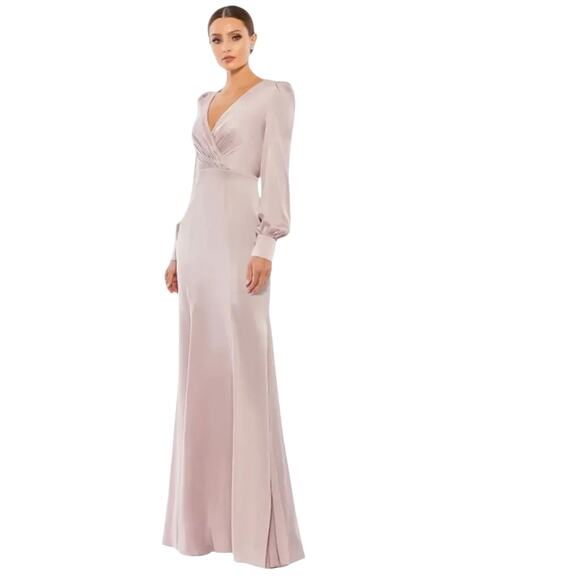 Mac Duggal 55635 Satin Ruched Bishop Sleeve Gown, Size 4, New w/ Tag MSRP $398 - Picture 1 of 7